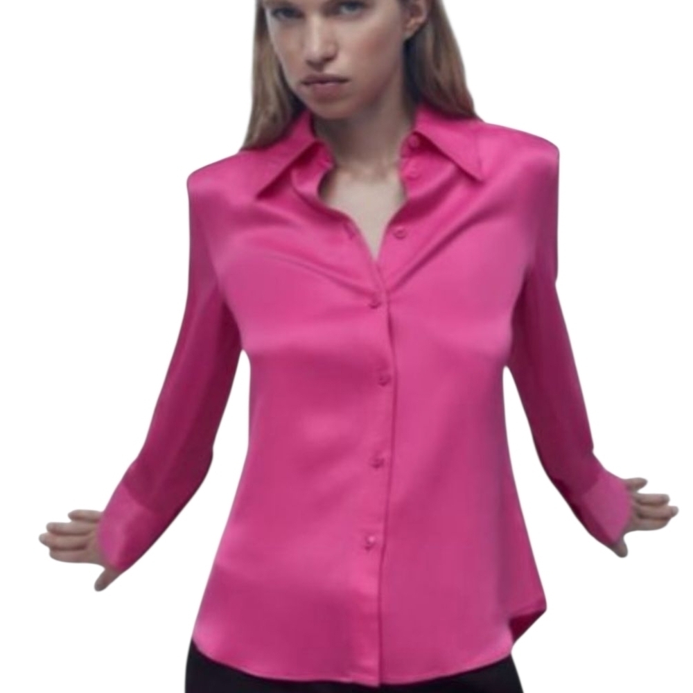 Zara Pink Fitted Button Down Shirt with Notched Collar